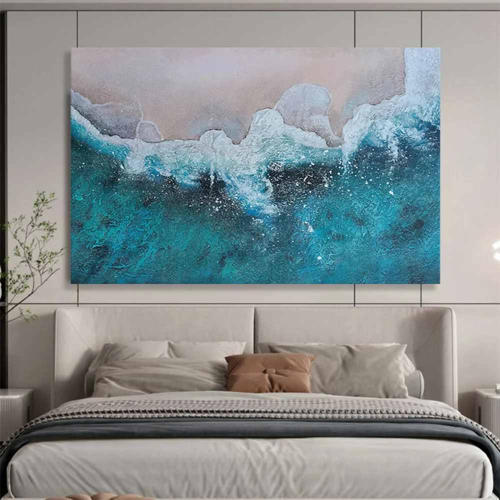 Turquoise Hand-Painted Coastal - original landscape painting for office